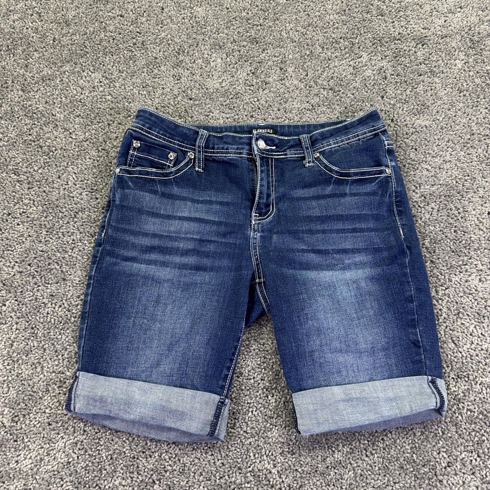 Flamingals Shorts Womens M Blue Bermuda Denim Cuffed Embroidered Cross Stretch